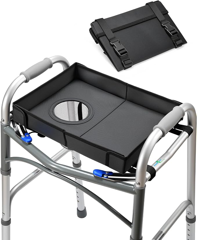 Walker Tray for Folding Walker with Cup Holder, Foldable Tray | Fits 17–19" Folding Walkers with Side Bars, Easy Install, Adjustable Straps, Spill-Resistant Surface, Lightweight for Seniors