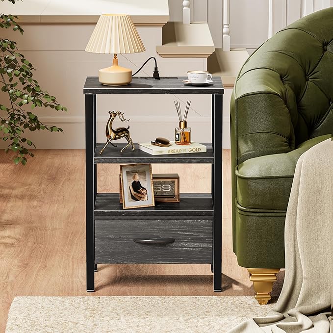 SUPERJARE Nightstand with Charging Station, USB-C Port, Bedside Table | Night Stand for Bedroom, with Adjustable Fabric Drawer, 3-Tier Storage End Table, for Living Room