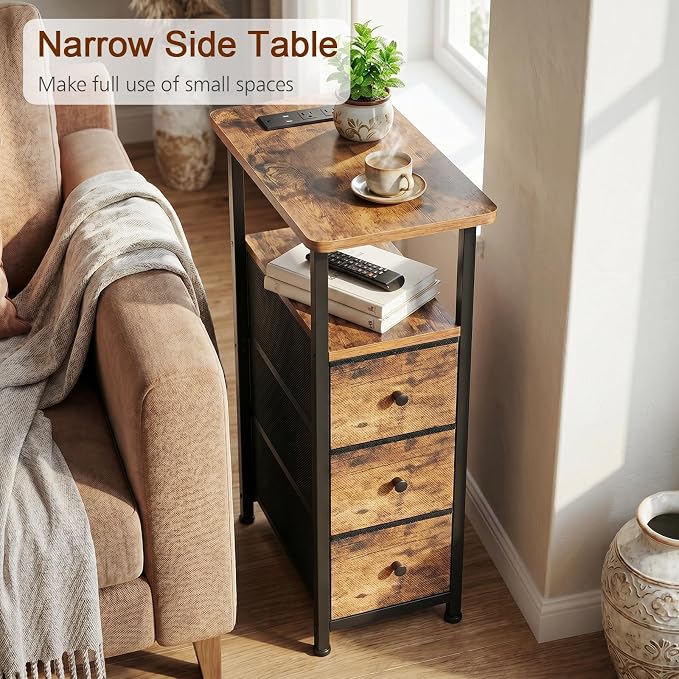 Narrow End Table with Charging Station, Small Nightstand | Skinny Side Tables Living Room with 3 Fabric Drawers, Slim Bedside Table for Bedroom, Small Spaces, Couch, Rustic Brown