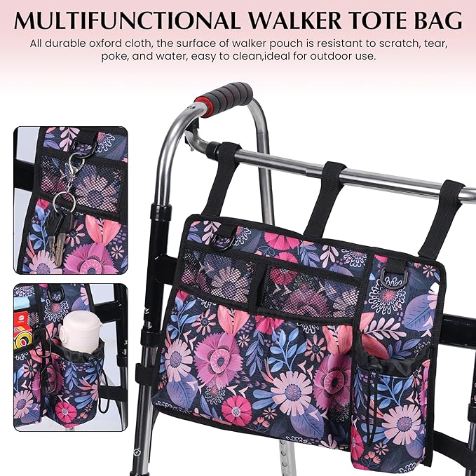 Walker Accessories for Folding Seniors Bag Walker Organizer Storage Pouch Cup Holder Carry with Pockets Detachable -red Flower