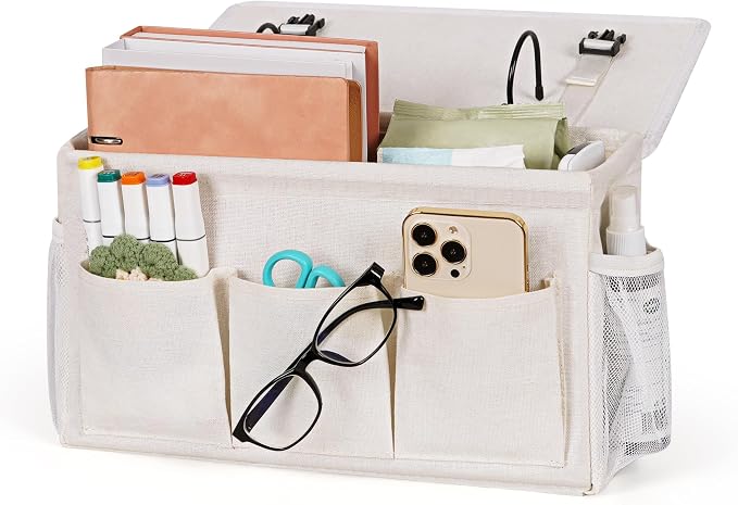 Bedside Caddy Storage Organizer for Bed Rails, Bed Caddy with 6 Pockets | Bedside Organizer with Fixed Straps and Hooks, Mattress Supported Versatile for Home, Dorm, Bunk, Hospital and Crib Bed