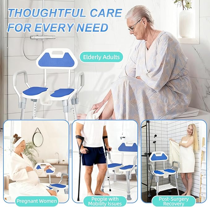 Shower Chair for Inside Shower, U-Shaped Heavy Duty Shower Chair for Elderly and Disabled, Bottom Storage Tray, 350Lbs Shower Stool with Arms and Back, Height Adjustable Seat for Bathtub