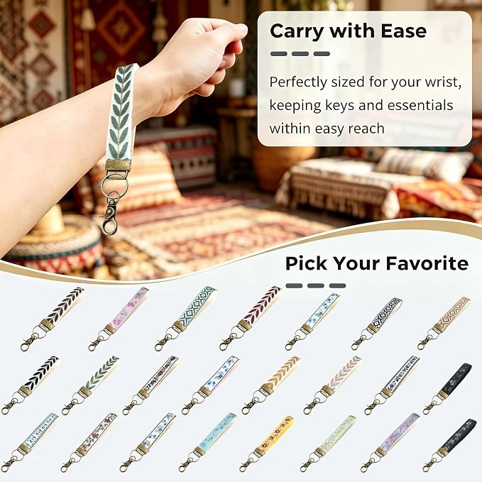 Boho Vintage Embroidered Floral plant Wristlet Keychain for Women | Cute Lanyard&Antique Brass Clasp, Lightweight Hands-Free Key Holder for keys,purses,handbags and daily outdoor use for ladies