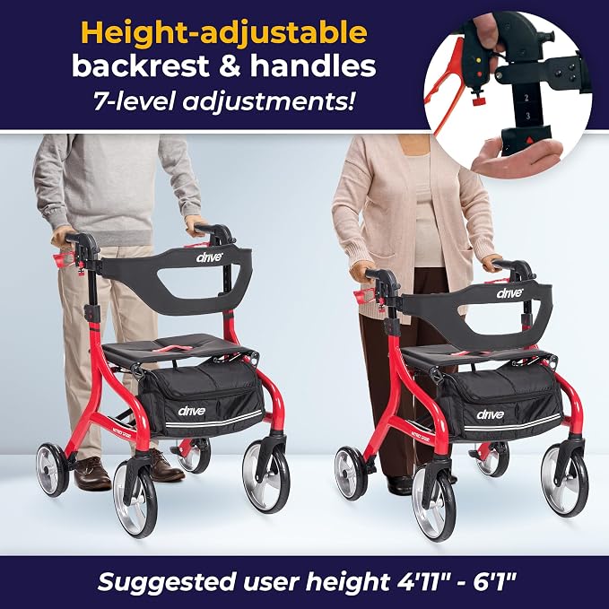 Drive Medical Nitro Sprint Rollator Walker with Seat, Standard Size, Red | Lightweight Rollator with Large Wheels Offers Compact Folding Design for Standard Size Everyday Comfort