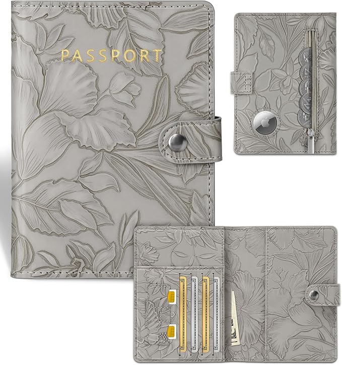 Slohif Elegant RFID Passport Holder for Travel with AirTag Elephant Gray | Floral Embossed Passport Wallet for Women, Slim Vegan Leather Travel Organizer with Money Pocket and Card Slots