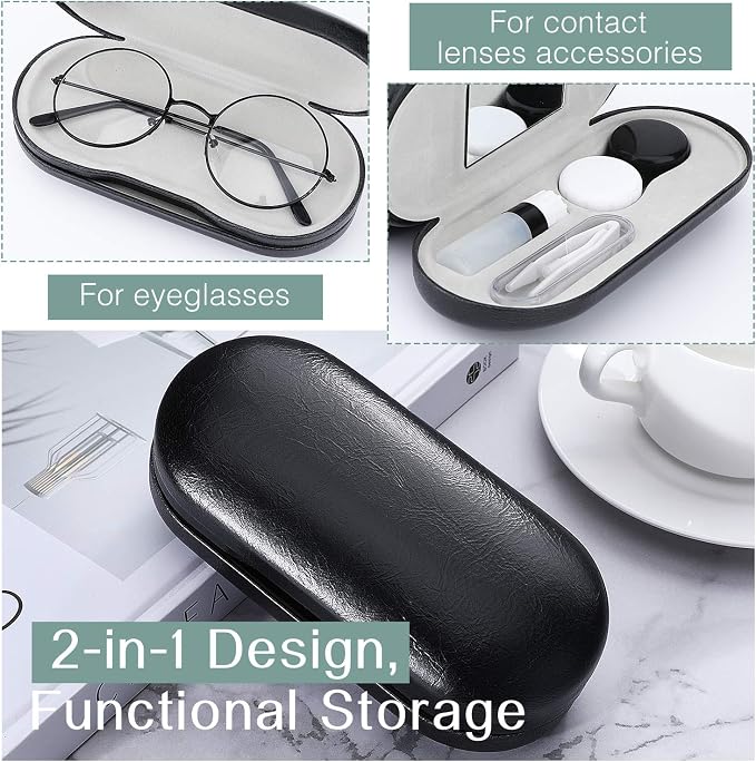 MoKo Double Eyeglass Case, Contact Lens Case with Mirror Tweezers Remover, 2 in 1 Double Sided Portable Contact Lens Box Holder Container Soak Storage Kit Sunglasses Pouch for Men & Women, Black