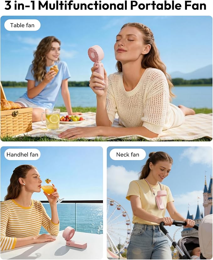 Gaiatop Portable Handheld Fan, 5 Speed Rechargeable Battery Max 18 Working Hours, 3 IN 1 Neck/Desk/Hand Fan Cooling for Travel, Beach, Women/Men Outdoor Activities Gifts - Pink