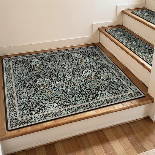 OJIA Floral Stair Treads Landing Mat Non-Slip Stair Runner for Wooden Steps | 31"x31" Indoor Carpet Stair Treads Maching Rug Staircase Step Treads for Kids, Elders and Dogs, Stair Covers, Black