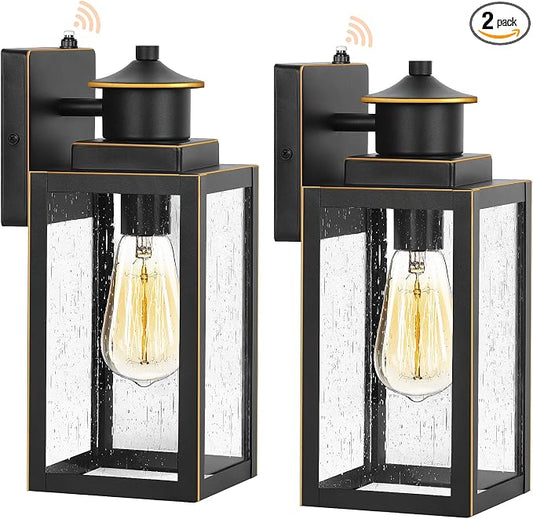 2-Pack Dusk to Dawn Outdoor Wall Lights, Black with Gold Trim | Auto ON/OFF, Waterproof, Rust-Resistant, Durable Metal & Seeded Glass, Easy to Install, Ideal for Front Door, Garage