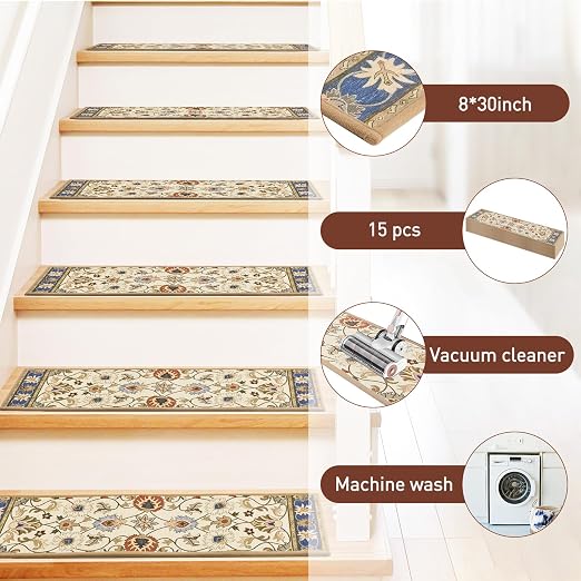 Non Slip Stair Treads for Wooden Steps, 30in x 8in Indoor Staircase Step Treads for Dogs, Reusable Stair Carpet Runner with TPR Adhesive, Oriental Design