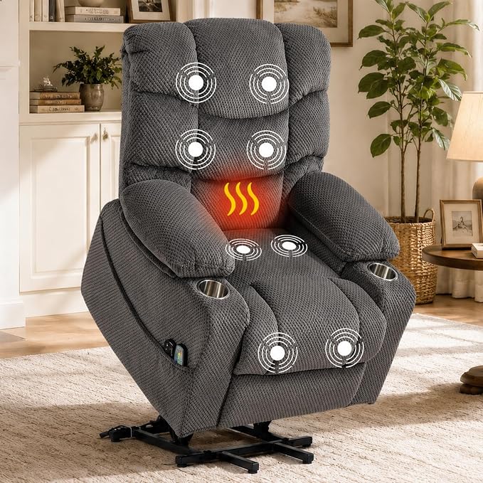 Ultra Wide Power Lift Recliner Chair for Elderly,Rotating Lounge Chair with Hot Massage Heating and Auxiliary Standing Function,Oversized Lazyboy Single Sofa with Cup Holder for Living Room (Grey)