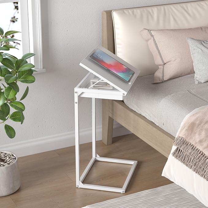 sthmec C Shaped End Table with Charging Station,45° Tiltable Adjustable Flip Top Side Table Set of 2,Small C Table Set 2 for Small Spaces,Slide Under Couch Sofa Bedside Table Living Room,White
