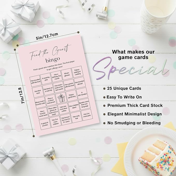Find The Guest Bingo Cards – 25 Unique Cards, Icebreaker Party Games for Adults, Rustic Blush Pink Mingle Activity for Birthday Parties, Family Reunions, Office Events & Friendsgiving