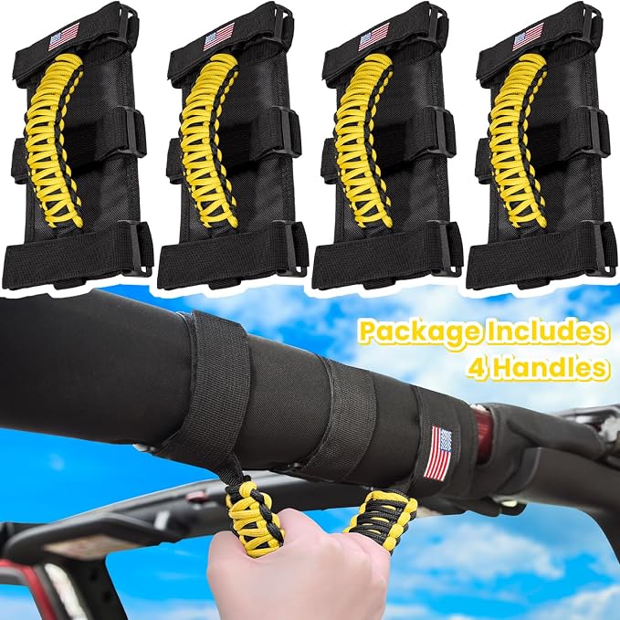 4 x Roll Bar Grab Handles Grip Handle for Jeep Wrangler JK JKU JL JLU TJ YJ Sport Sahara Freedom Rubicon Unlimited Gladiator JT 1955-2023 UTV ATV Premium Paracord Interior Accessories US Flag (Yellow)
