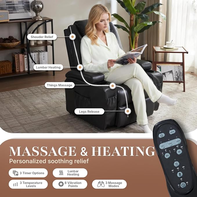 Power Lift Recliner Chair for Elderly, Electric Lift Chair with Massage & Heat, PU Leather Reclining Sofa with Cup Holders, Side Pockets for Living Room Bedroom