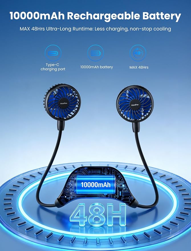 HandFan 10000mAh Neck Fan, 360° Rotation Hands Free Portable Fans for your Neck, 48h Lasting Rechargeable Battery Operated Wearable Necklace Personal Cool Fans for Travel/Disney/Sports/Cycling/Hiking