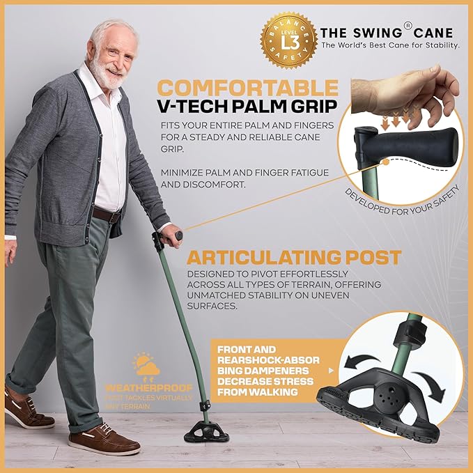 Dynamo Swing Cane Ultimate Grip for Ultimate Support. Ergonomic Comfort, All Day Long. Designed for Stability, Built for Safety. Reliable Every Step of The Way. (Green)