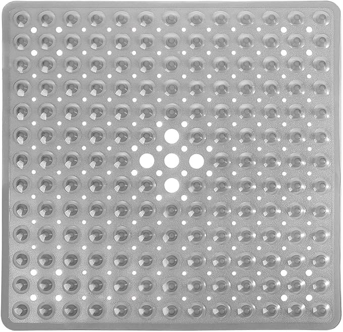 Yimobra Shower Bathtub Mat Non Slip, 21x21 Inch, Soft Square Bath for Tub with Suction Cups and Drain Holes, Stall Floor Mats Bathroom, Machine Washable, Bathroom Accessories, Clear Gray