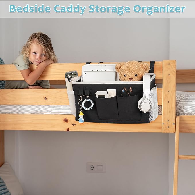 Bedside Caddy, Bedside Storage Bag Hanging Organizer for Bunk Dorm Bed Rail | Bed Caddy with Hooks, Top Bunks and Dorm Essentials for Water, Tissues, Tablets, Books, Phones, Remotes and Other Necessories