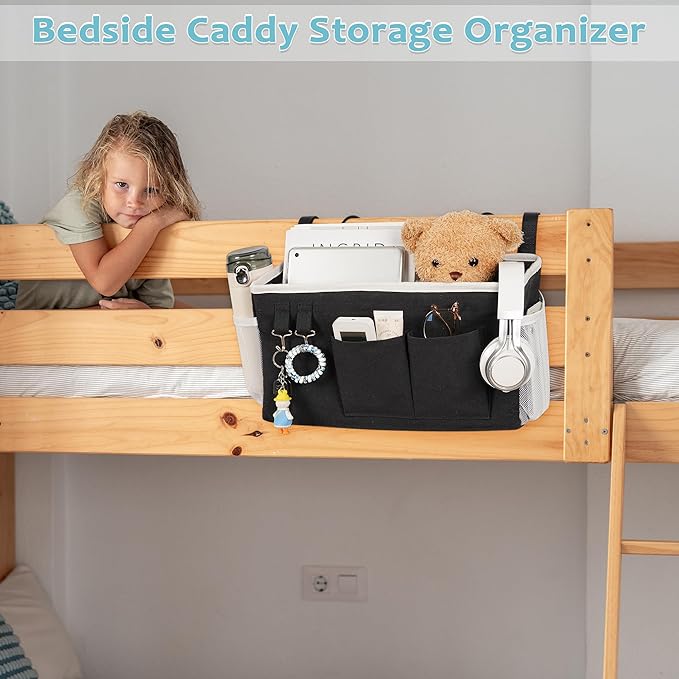Bedside Caddy, Bedside Storage Bag Hanging Organizer for Bunk Dorm Bed Rail | Bed Caddy with Hooks, Top Bunks and Dorm Essentials for Water, Tissues, Tablets, Books, Phones, Remotes and Other Necessories