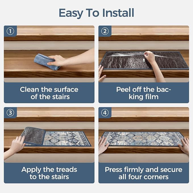 sarben 8"x30" Non Slip Stair Treads for Wooden Steps 15 Pack, Denim Pearl | Peel and Stick Carpet Stair Runner with TPE Adhesive Backing, Carpet for Added Safety, Pet and Senior Friendly