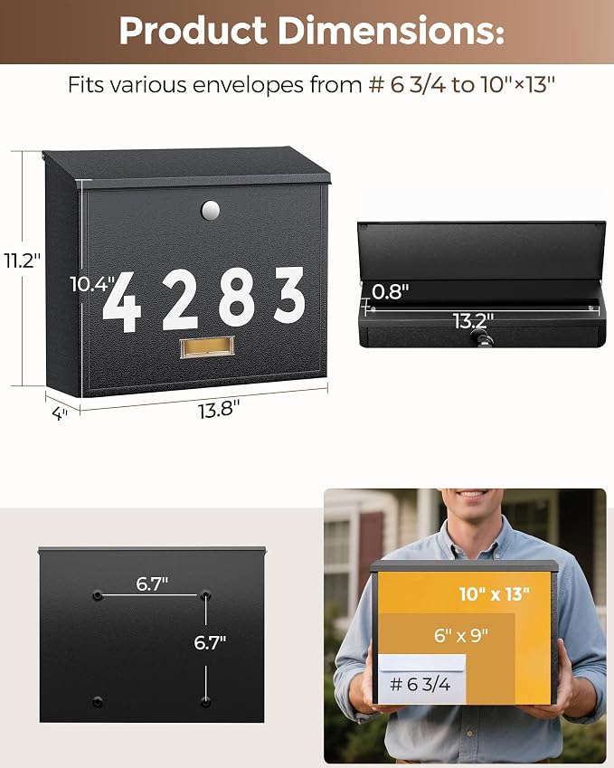LAND·VOI Locking Wall-Mount Mailbox for Outside, with 4 Keys, Galvanized Steel Rustproof Metal Postbox, 4" Dx13.8 Wx11.2 H, Includes 3 Sets of Mailbox Numbers, Nameplate, Black, AMB33B