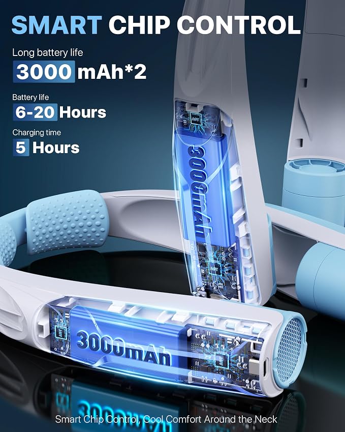 AaoLin Portable Neck Fan with 6000mAh Battery, USB-C Rechargeable, Blue Hands-Free Personal Fan 6 Speeds, 6-20Hrs Cooling for Outdoor Sports/Gym/Office, Adjustable 11oz Lightweight, Neck Cooler