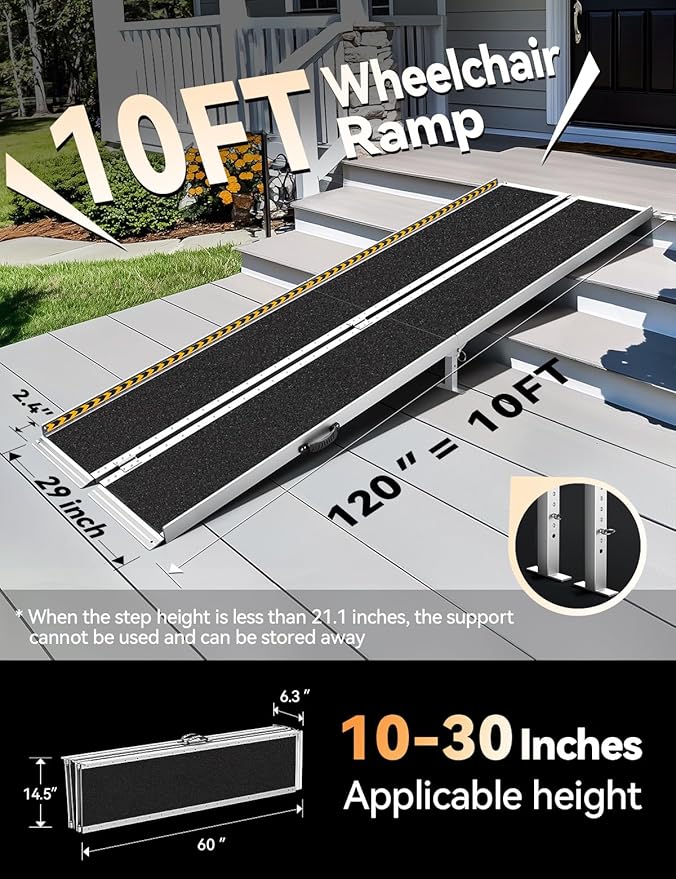 FACHNUO 10 Feet Portable Wheelchair Ramp with Support Legs, Non-Skid Aluminum Handicap Ramps, Folding Threshold Wheel Chair Ramp for Home Steps, Stairs, Entry, Threshold, Doorways, 800LBS Capacity