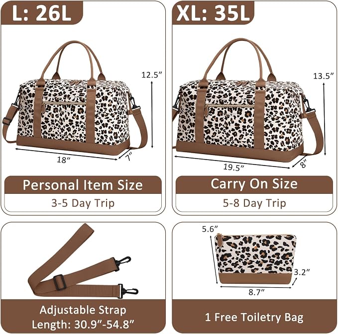 ELONGRIVER Travel Duffle Bag for Women, Weekender Bags, Hospital Bag for Labor Delivery, Lightweight Tote Duffel Overnight Bag with Luggage Sleeve, Airplane Travel Bags with Toiletry Bag,Large,Leopard