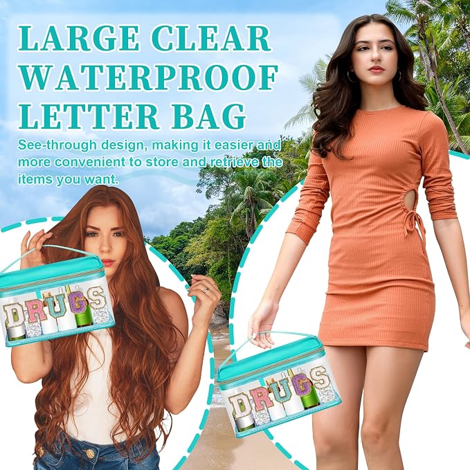 Clear Patch Letter Bag Medicine Drugs Pouch with Handle, Travel Chenille Letter Makeup Cosmetic Bag for Women Girls, Waterproof Nylon PVC Zipper Toiletry Meds Storage Case Stadium Bag(Green, DRUGS)