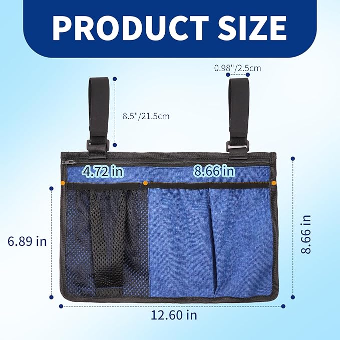 Wheelchair Side Bag, Waterproof Oxford Wheelchair Armrest Storage Pouch with Multiple Pockets, Durable Wheelchair Bags to Hang on Side for Most Wheelchairs, Walkers & Rollators(Blue)