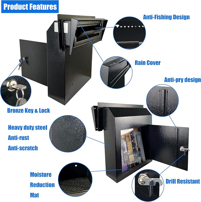 Through-the-Door Mailbox with Rear Access Door & Rain Cover | Galvanized Steel Mail Drop Box for Letters, Documents & Key Collection, Secure Outdoor Mail Storage
