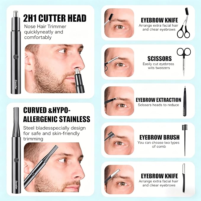 Electric Nose Hair Trimmer Eyebrow Trimmer for Men Women, 7-in-1 Painless Facial Grooming Kit, USB Rechargeable IPX7 Waterproof Precision Trimmer for Nose Ear Eyebrow Beard Body Hair