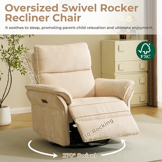 Oversized Power Recliner Chair Swivel Glider with Massage and Heat, Rocker Nursery Recliner for Adults with Adjustable Headrest, 24" Extra Wide Nursery Chair with Overstuffed Armrest,Beige