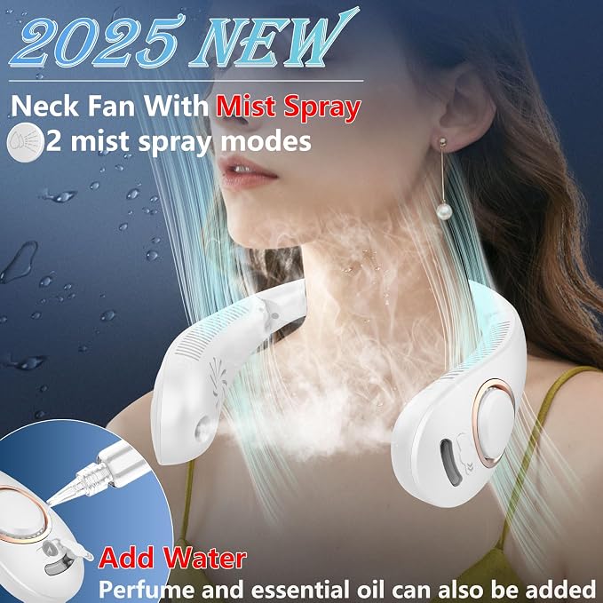Neck Fan with Mist Spray-Neck Fans that Blow Cold Air,Folding 4000Mah Portable Personal USB Rechargeable Battery Operated Fan with Mister,Cooling Bladeless Travel Misting Fan