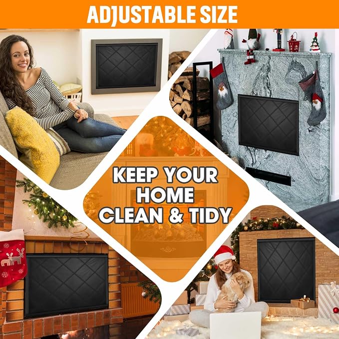 Fireplace Draft Cover, Fireplace Blocker Blanket with Hook and Loop Tapes, Indoor Fire Place Draft Stopper for Heat Loss Insulation Black 45" W x 34" H