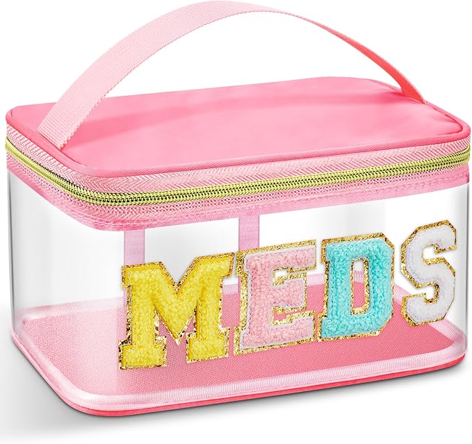 Geetery Chenille Letter Bag, Meds Cheer Travel Cases Cheerleader Gifts Cosmetic Bag Nylon Makeup Portable Preppy Patch with Zipper Toiletry Storage Case for Women(Pink,Meds)