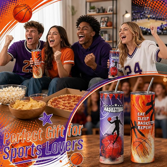 Geiserailie 2 Pack Basketball Tumbler Cups Gifts 20 oz Insulated Stainless Steel Sports Travel Mug with Lids Straws for Christmas Father's Day Men Dad Basketball Lovers Fans