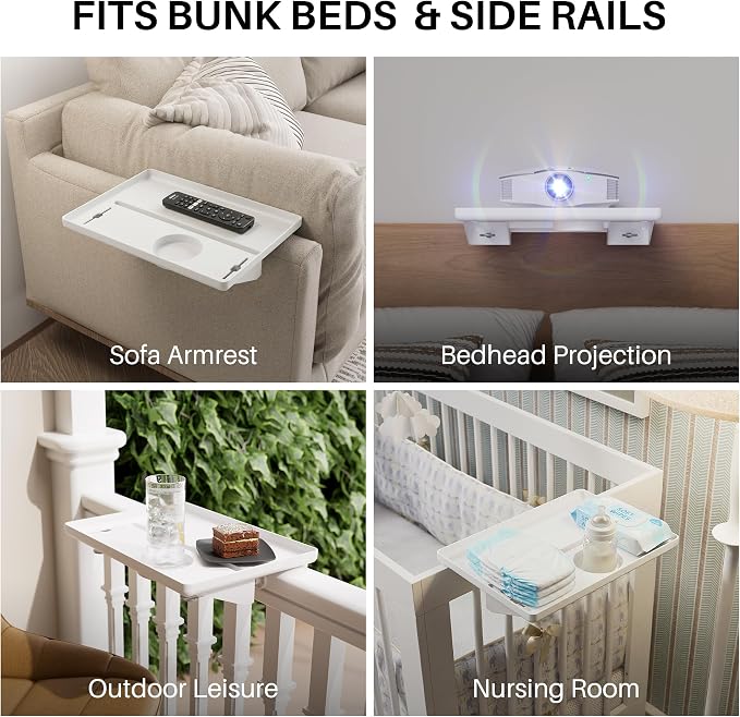 JOYMOOP Clip-On Bedside Shelf for Bunk Beds, Dorm Room Essentials, Bedside Caddy, No-Tool Install Bed Side Table Storage for Loft, Platform Beds, Nightstand Caddy for Phone, Glasses, Book (White)