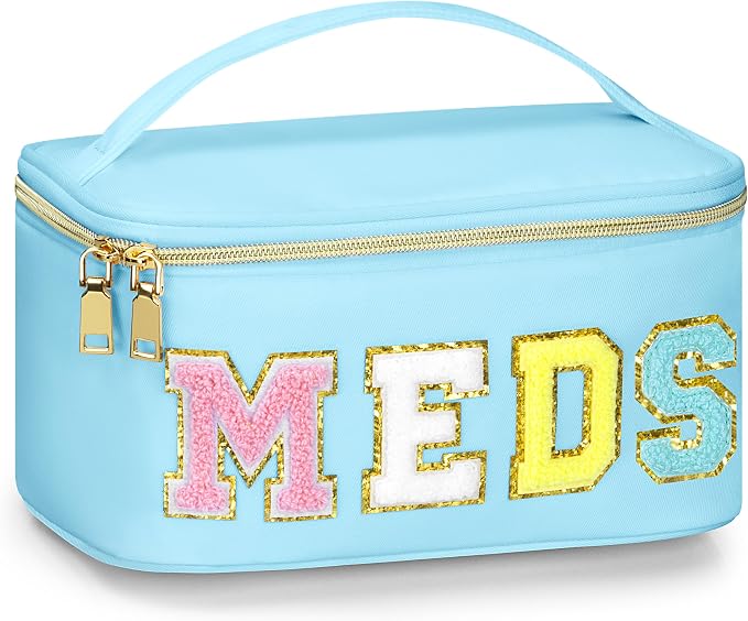 BuyCard Medicines Chenille Letter Bag Nylon Meds Makeup Pouch Preppy Path with Zipper and Handle Cosmetic Toiletry Storage Purse for Women Blue