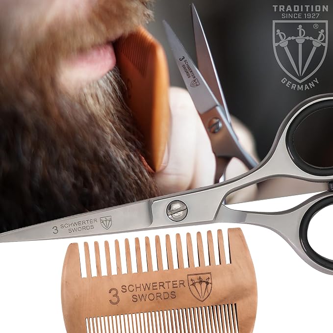 3 Swords Germany – professional BEARD MUSTACHE HAIR SCISSORS with BEARD COMB, stainless steel, straight blade, sharp, with black case