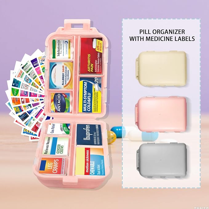 Large Pill Organizer 3 Pack with 146x3 Labels, Pink Blue Purple | Set of 3 large 10-compartment pill cases with 146x3 labels for vitamins, supplements, daily routines, work, and travel