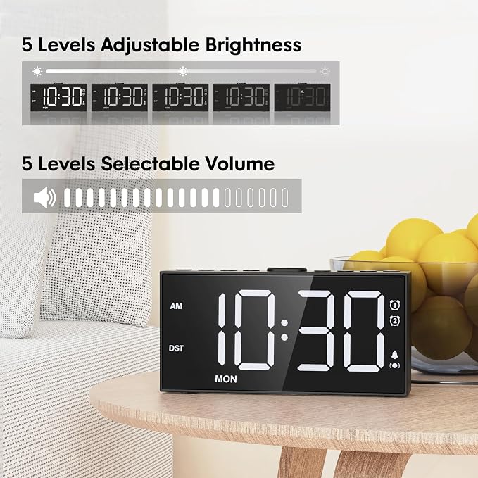 Mesqool Loud Alarm Clock with Bed Shaker & Dual Alarms, USB Port | Extra loud Vibration Alarm Designed for Heavy Sleepers & Hearing Impaired. 5-level Dimmer, Battery Backup, Snooze & DST