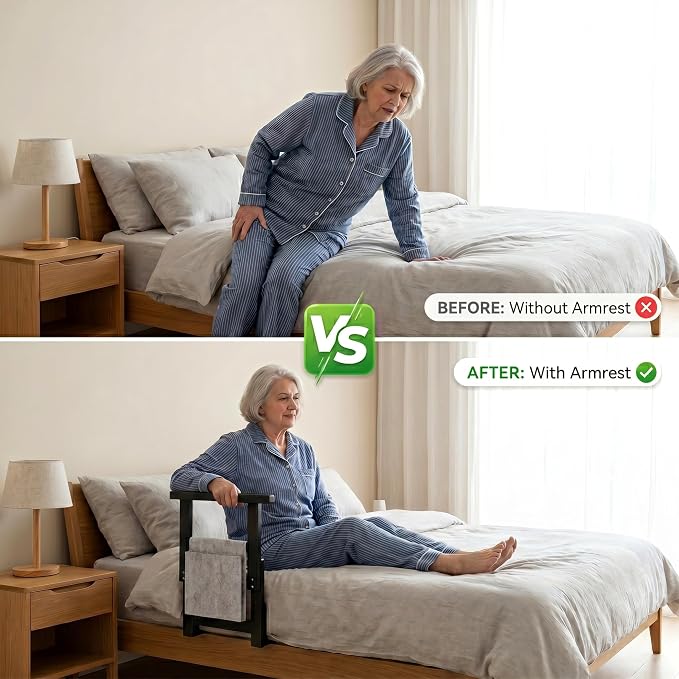 Bamboo Bed Assist Rail for Seniors Adjustable Grab Bar 300lbs Black | Non-Slip Handle, Storage Pocket, Fits 4–12 inch Mattresses, Fits Twin, Full, Queen & King Beds
