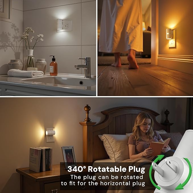 L LOHAS LED Motion Sensor Night Light, Motion Sensor Light Indoor, Rotating | Motion Activated Night Lights Plug into Wall,Amber-3000K-5000K,10-50-100%LM, Mini,Hallway Bathroom Travel[White Shade,4 Pack]