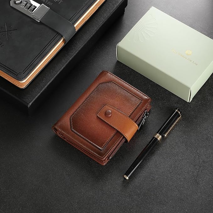 GAEKEAO Genuine Leather Wallets for Men with Zipper, RFID Blocking Mens Wallet with Coin Pouch, Bifold Wallet with 2 ID Windows in Gift Box, Billeteras de Hombres