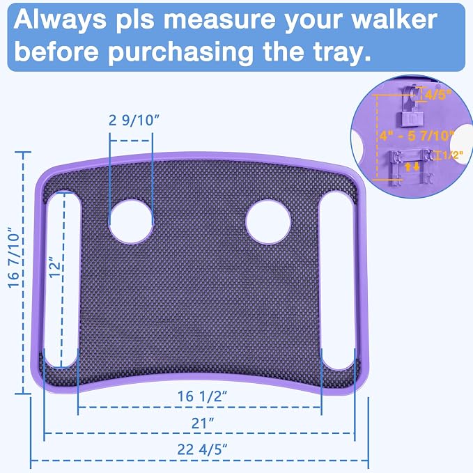 Walker Tray for Seniors with Dual Cup Holders & Side Pouch (Purple) | Durable Food & Drink Table, Lightweight with Non-Slip Pad, Compatible with Walker of 10210-1 Model
