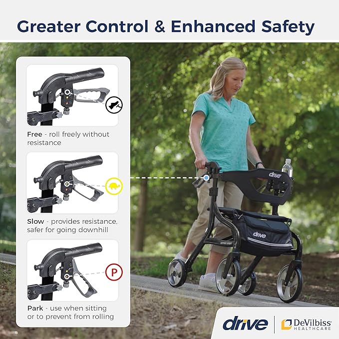 Drive Medical Nitro Sprint Rollator Walker with Seat, Tall Size, Black | Lightweight Rollator with Large Wheels Offers Compact Folding Design for Tall Size Everyday Comfort Use