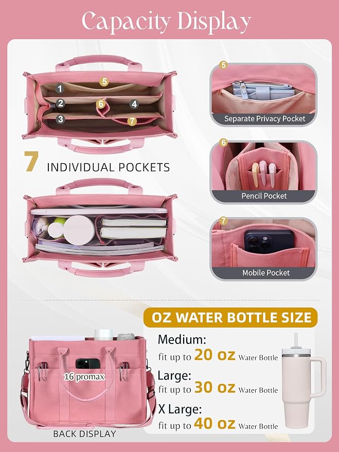 FIORETTO Canvas Tote Bag for Women with Zipper Closure & Individual Compartments for Work College for Teacher & Nurse