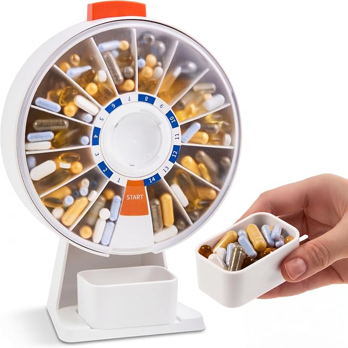 Pill Dispenser 14 Day – Rotating Medicine Organizer Wheel with Push Button, Wall Mounted or Desktop Manual Pill Dispenser for Elderly & Seniors, Large Capacity Vitamin & Medication Organizer